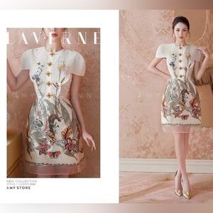 Amy Lace Floral Short Sleeves A Line Short Dress , Size S